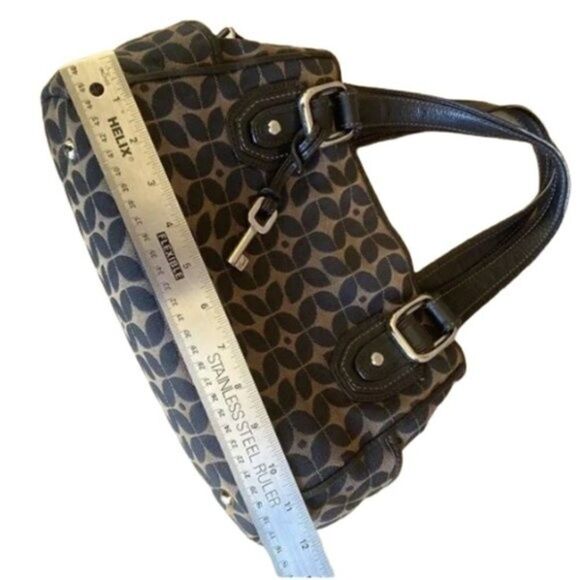 Fossil Black & Brown Multi Canvas Zip Satchel Handbag Hobo Purse Carryall Tote - Picture 5 of 12